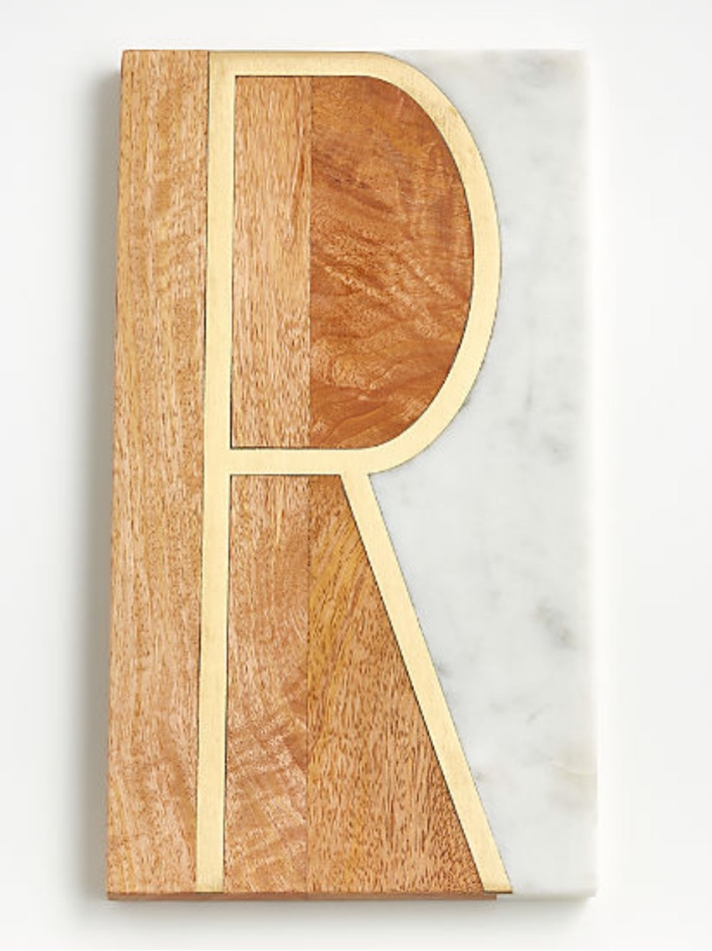 Crate&Barrel Wood and White Marble Letter R Inlay Cutting/Serving Board